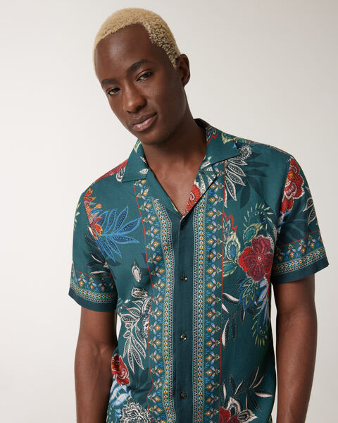 Border Floral Print Cuban Collar Shirt, Green, hi-res